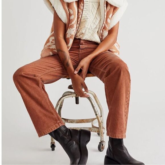 NWT Free People Brown Pax Slim Corduroy Boyfriend Jeans 32 MidRise Straight Pant - Picture 1 of 13